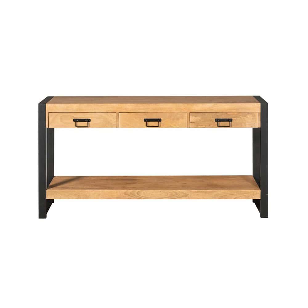 Houten console tafel met drie lades en zwart metalen frame, industrieel design, perfect voor woonkamer of hal, ambachtelijk gemaakt door Mokana Meubelen.