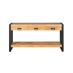 Houten console tafel met drie lades en zwart metalen frame, industrieel design, perfect voor woonkamer of hal, ambachtelijk gemaakt door Mokana Meubelen.