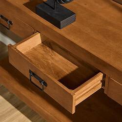 Rook houten ladekast met zwarte metalen handgreep, gedetailleerde close-up van de lades en natuurlijke houtnerf. Perfect voor modern interieur en opbergruimte.