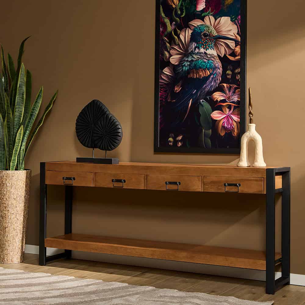 Modern industrieel zitbank met houten en metalen frame, perfect voor een stijlvolle woonkamer of hal. Een robuuste en elegante meubelkeuze voor zowel woon- als eetruimtes.