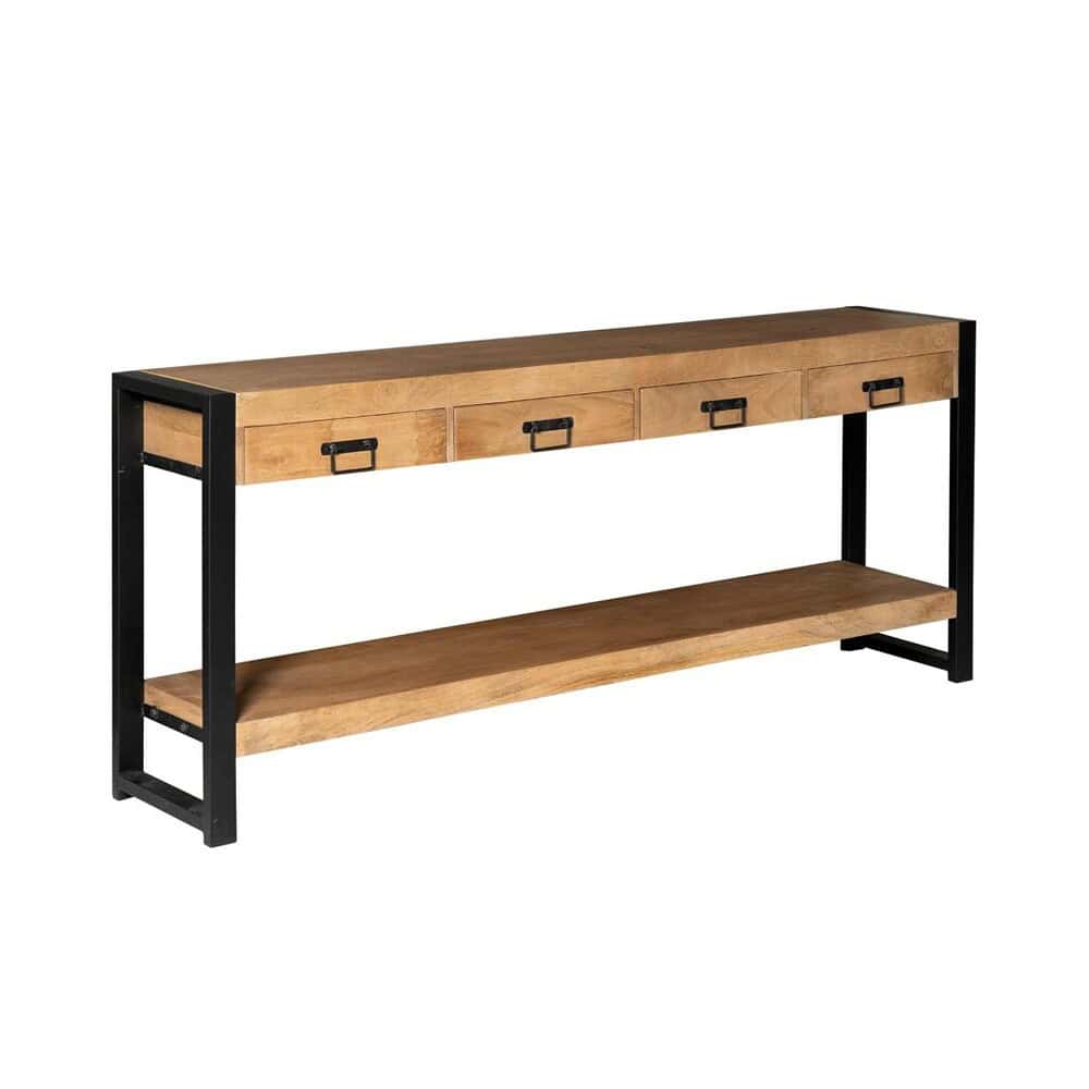 Robuuste houten salontafel met metalen frame en praktische opbergladen, industrieel ontwerp voor een moderne woonkamer.