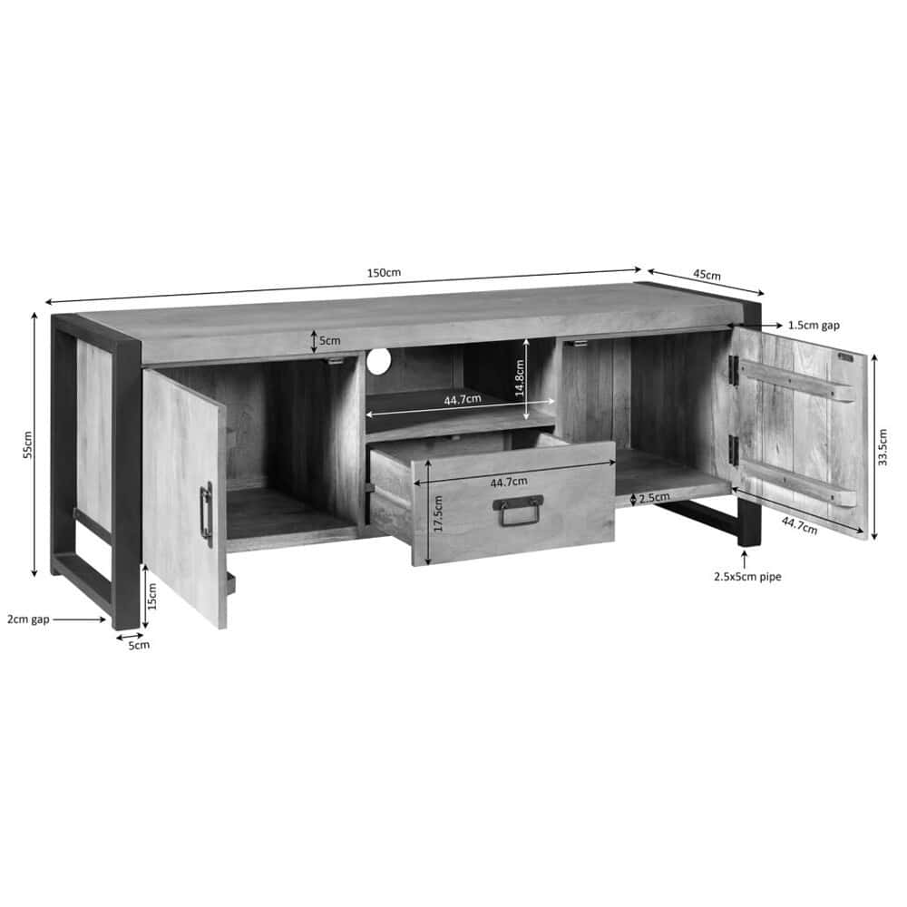 Elegante houten tv-meubel met opbergruimte, open vakken en industriële stijl, perfect voor modern interieur, maat 150x55x45 cm, robuust en functioneel design.