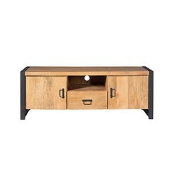 Robuuste houten TV-meubel met zwarte metalen details en schuifdeuren, perfect voor een industrieel interieur.