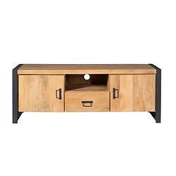 Massief houten tv-dressoir met zwart metalen accenten en opbergruimte, perfect voor een moderne of industriële inrichting.