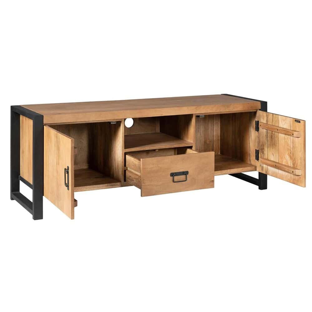 Rustieke houten mediameubel met zwart metalen frame, biedt ruime opbergruimte en industrieel design, perfect voor woonkamer of tv-kamer, handgemaakt van hoogwaardige materialen.