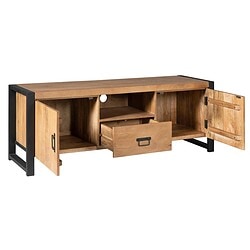 Rustieke houten mediameubel met zwart metalen frame, biedt ruime opbergruimte en industrieel design, perfect voor woonkamer of tv-kamer, handgemaakt van hoogwaardige materialen.