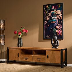 Kunstzwarte houten tv-meubel met stoere metalen frame, modern design, ideaal voor woonkamer decoratie.