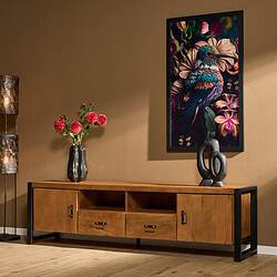 Hoogwaardige houten salontafel met zwart metalen frame, modern en strak design, geschikt voor woonkamer, gecombineerd met bloemvazen en kunstwerk voor een stijlvolle inrichting.