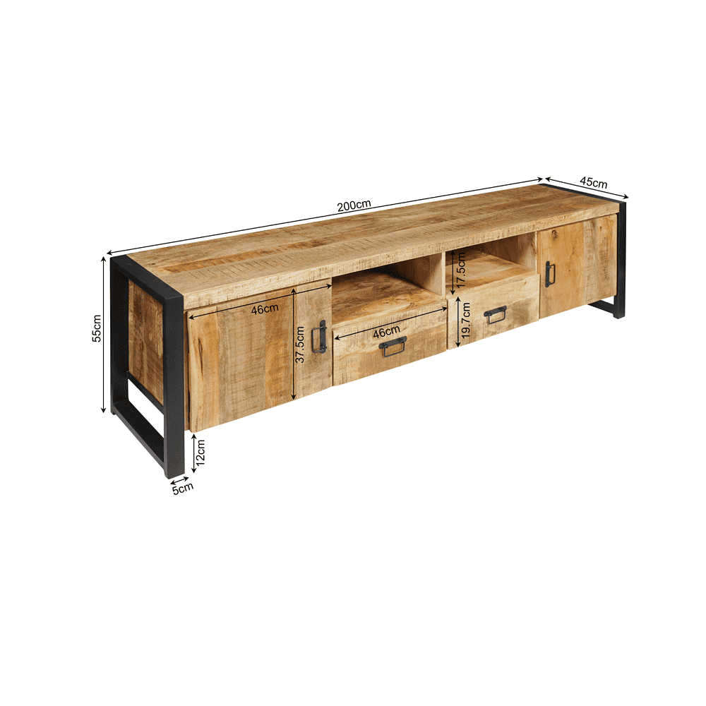 Robuuste houten tv-meubel met zwart metalen frame, 3 opberglades en open vakken, maat 200x45x55 cm, perfect voor modern interieur en opbergruimte.