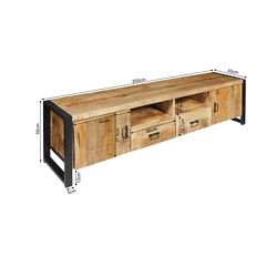 Robuuste houten tv-meubel met zwart metalen frame, opbergruimte met laden en open vakken, industrieel design, maat 200x45x55 cm, geschikt voor woonkamer, tv en accessoires.