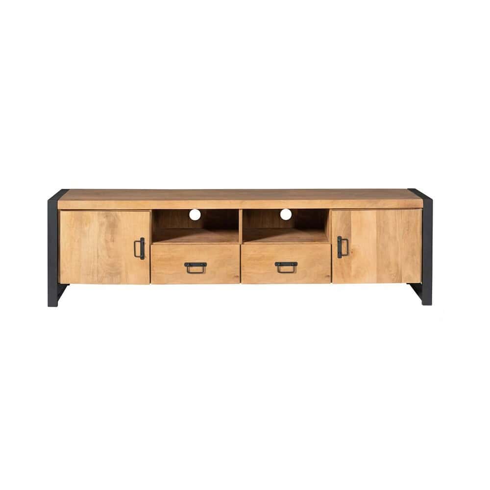 Robuuste houten tv-meubel met zwart metalen accenten en ruime opbergkasten, perfect voor moderne woonkamers.