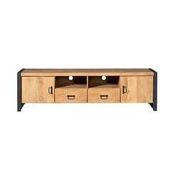 Robuuste houten tv-meubel met zwart metalen accenten en ruime opbergkasten, perfect voor moderne woonkamers.