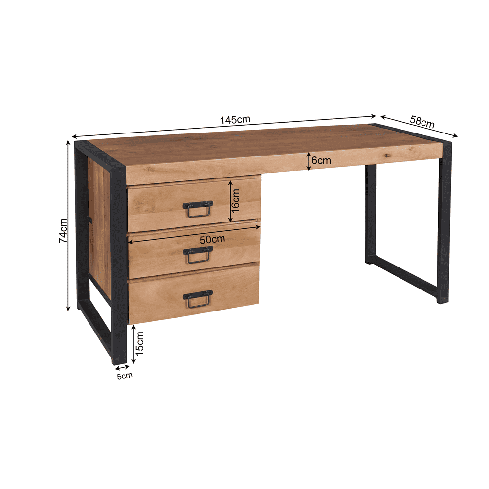 Houten bureau met zwart metalen frame en drie laden, Scandinavisch design, multifunctioneel en stijlvol voor kantoor of thuiswerkplek.