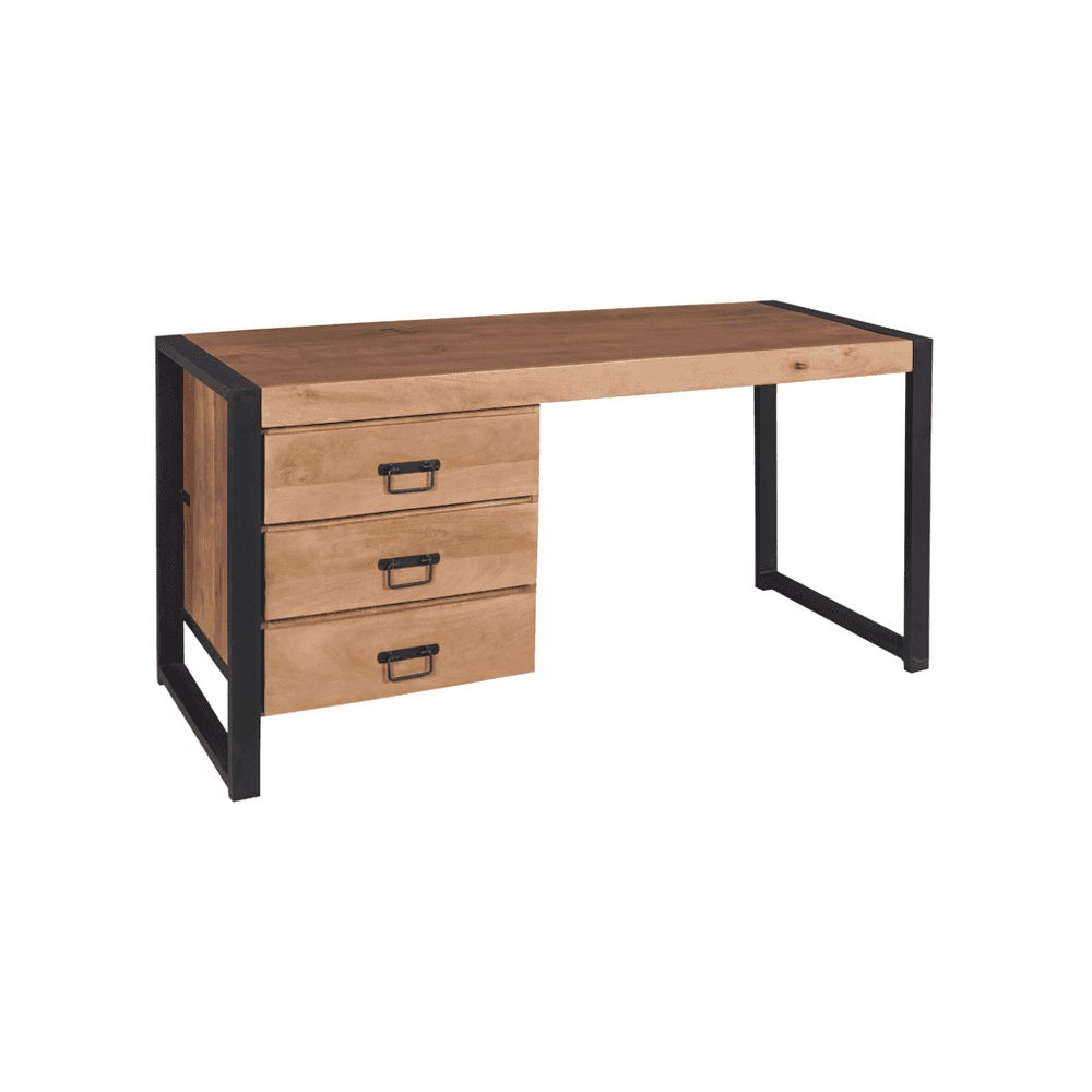 Houten bureau met zwart metalen frame en drie lades, industrieel en modern design voor thuis of kantoor.