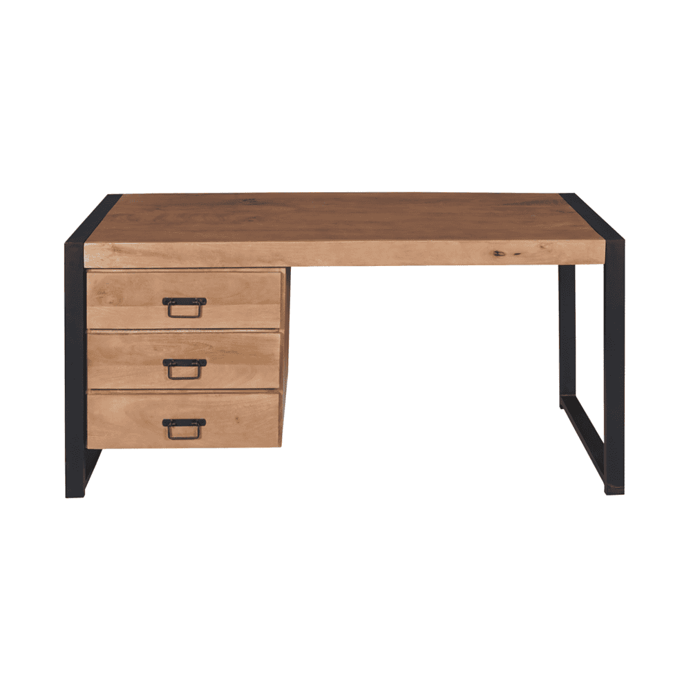 Robuust modern bureau met natuurlijke houten afwerking en zwart metalen frame, perfect voor een stijlvolle en functionele werkruimte.