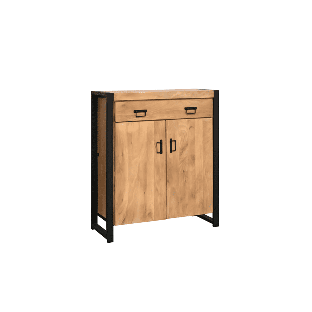 Handgemaakte houten schoenenkast met zwart metalen frame, stevige opbergoplossing voor badkamer of entree. Durable en stijlvol meubel in modern industrieel design, perfect voor vintage of moderne interieurs.