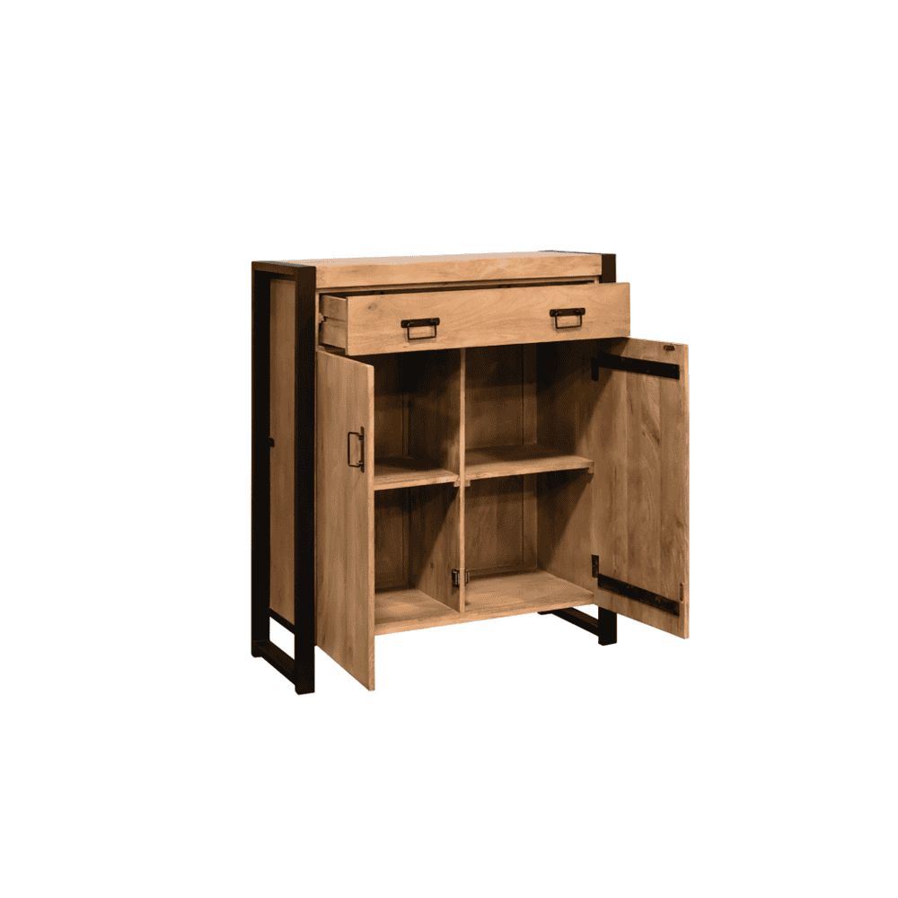 Gepoedercoat houten kast met industrieel zwart metalen frame, perfect voor woonkamer of keuken, met veel opbergruimte, landelijke uitstraling en moderne details.