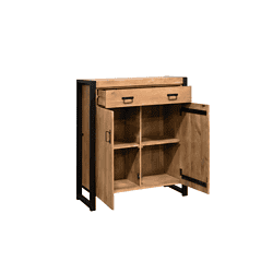 Massief houten kast met zwart metalen frame en praktische opbergruimte, perfect voor een industriële woonstijl bij Mokana Meubelen.