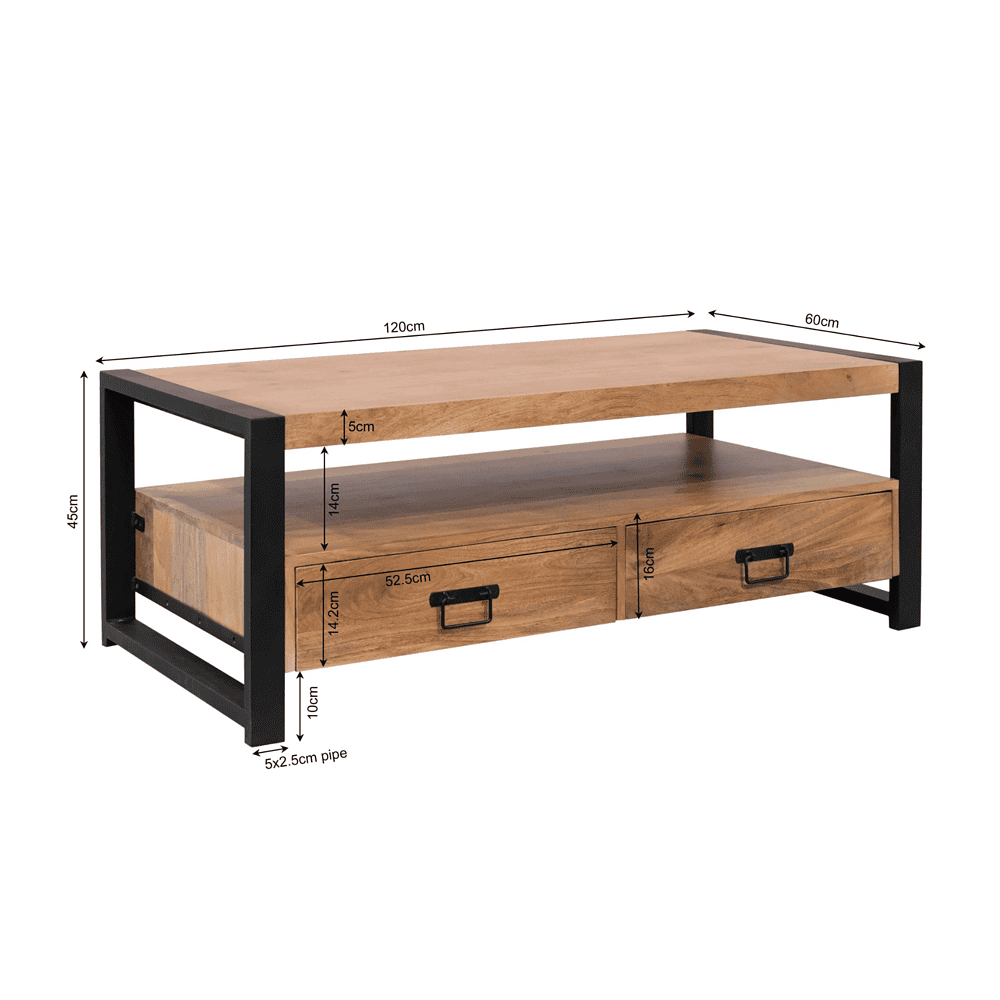 Naturale houten salontafel met zwart metalen frame, hoogte 45cm, lengte 120cm, breedte 60cm, met opberglade en industriële stijl, ideaal voor woonkamer of lounge.