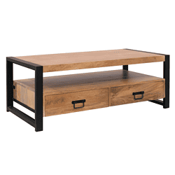 Robuuste houten salontafel met zwart metalen frame en 2 lades voor woonkamer, industrieel design, perfect voor modern interieur, multifunctioneel meubel, hoogwaardige afwerking.