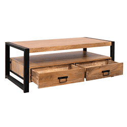 Robuuste houten salontafel met zwart metalen frame en twee praktische lade's, ontworpen voor een modern interieur en functioneel gebruik.