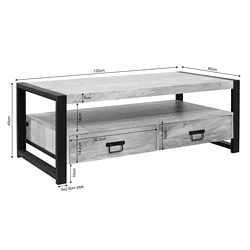Robuuste houten salontafel met metalen frame en opberglade, Scandinavisch design, multifunctioneel en stijlvolle woonaccessoire.