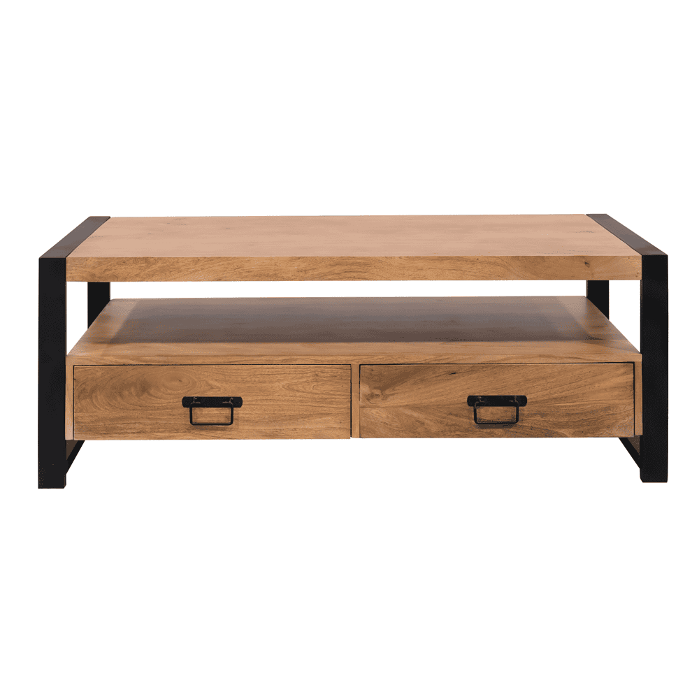 Robuuste houten salontafel met opbergladen en stalen frame, origineel meubelstuk voor een moderne woonkamer. Perfect voor stijlvolle en praktische inrichting.