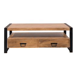 Modern houten salontafel met opberglades en stalen details,Perfect voor stijlvolle woonkamers,Robuust en duurzaam design,Geïntegreerd opbergrek en trendy stalen handvatten,Relevantie: Ja.