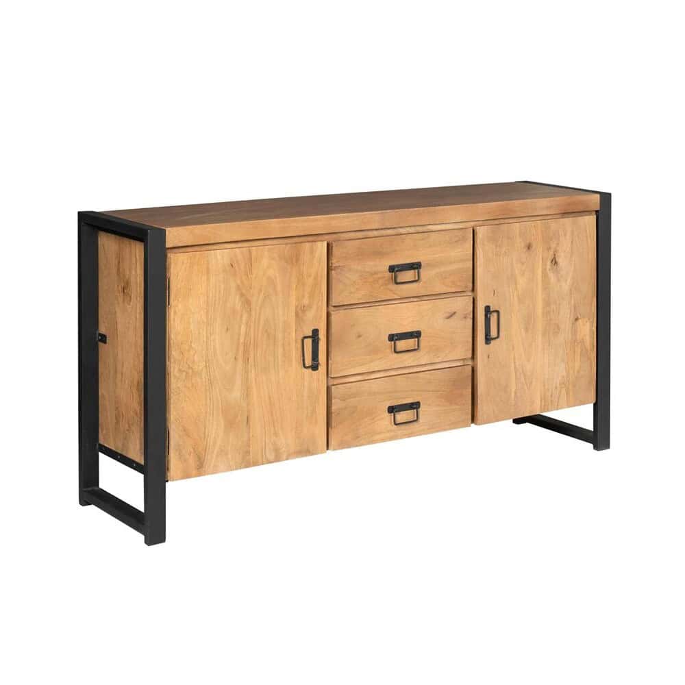 Rustieke houten tv-meubel met zwart metalen frame, 3 deuren en 3 laden, Scandinavisch industrieel design, multifunctioneel entertainmentmeubel, perfect voor woonkamer of slaapkamer.