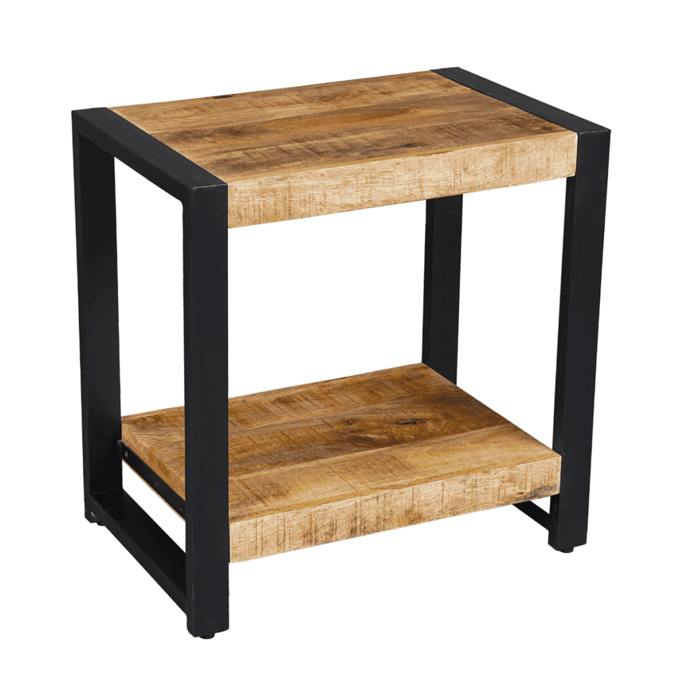 Industrieel nachtkastje met houten plank en zwart metalen frame, perfect voor moderne en industriële interieurstijlen. Duurzaam, stijlvol en multifunctioneel meubelstuk voor slaapkamer of woonkamer.