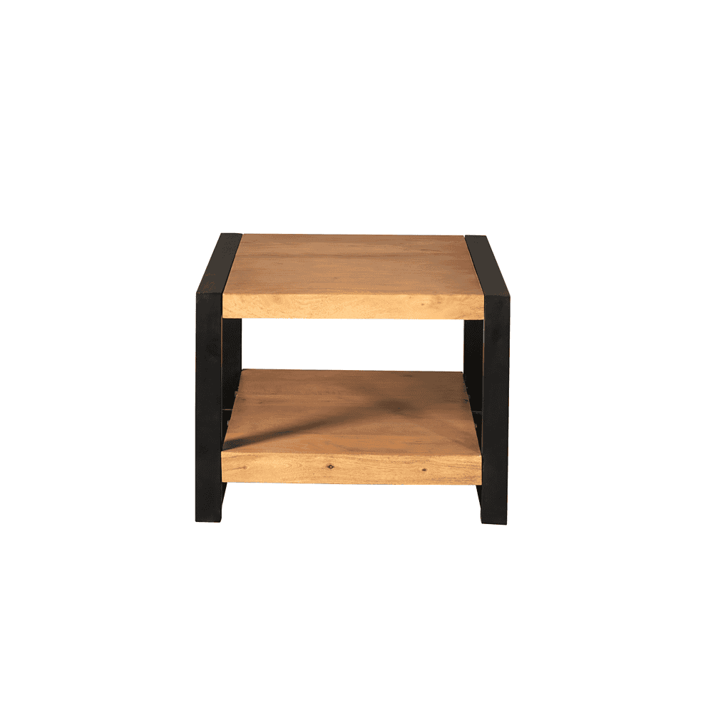 Grote houten bijzettafel met zwart metalen frame, modern industrieel design, voor woonkamer of slaapkamer, multifunctioneel meubelstuk, Mokana Meubelen.