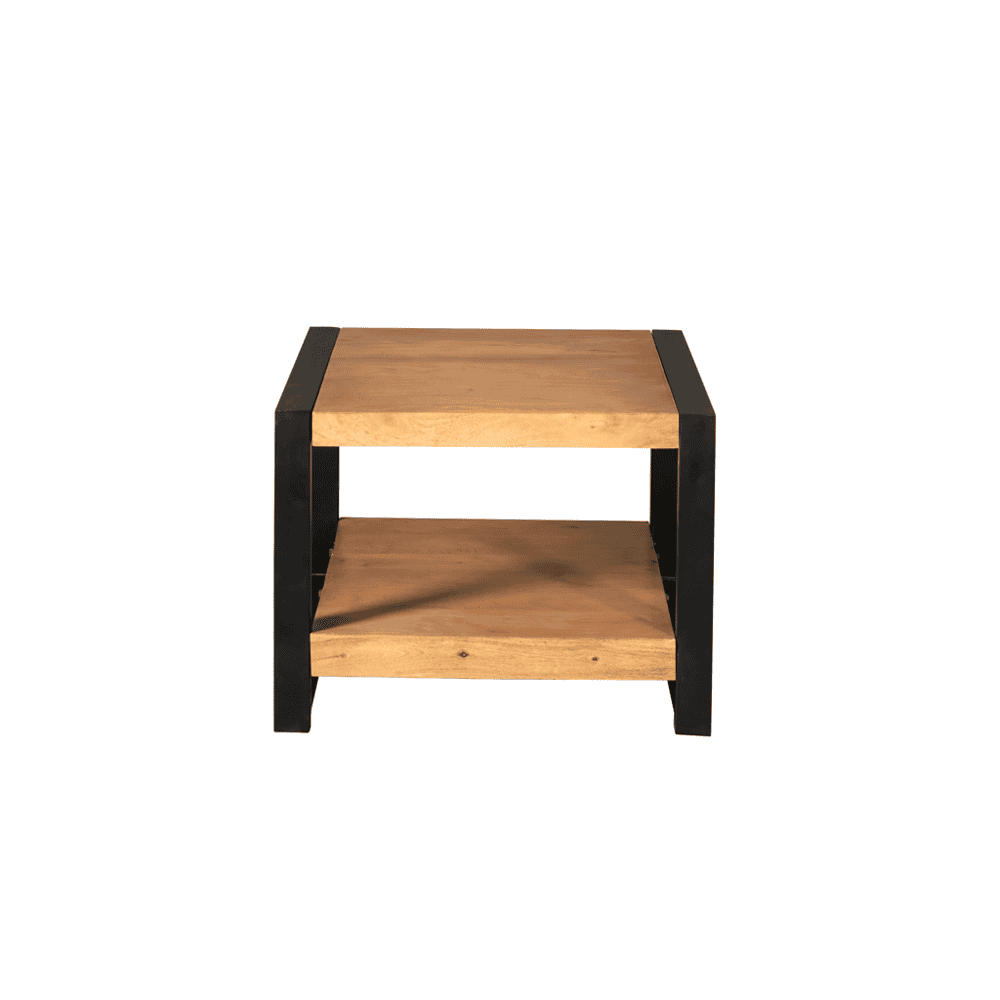 Rustieke multifunctionele bijzettafel met massief hout en zwart metalen frame, perfect voor woonkamer en slaapkamer. Duurzaam meubel met moderne industriële uitstraling.