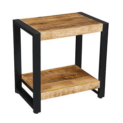 Een industrieel eikenhouten bijzettafel met zwart metalen frame, perfect voor woonkamer of slaapkamer, ambachtelijk ontworpen en robuust voor duurzaam gebruik.