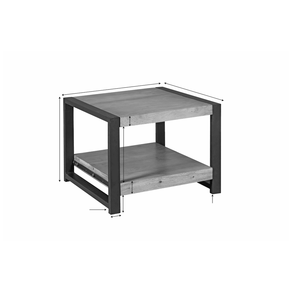 Robuuste houten bijzettafel met metalen frame, modern industrieel design – perfect als woon- of salontafel.