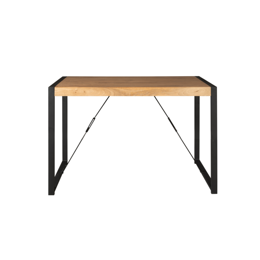 Strakke eettafel met houten blad en zwart metalen frame, modern industrieel design.