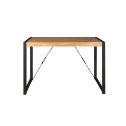 Strakke eettafel met houten blad en zwart metalen frame, modern industrieel design.