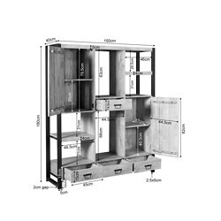 Steigerhouten boekenkast met opbergruimte en lades, industrieel ontwerp, maatwerk meubel, robuuste houten kast voor woonkamer of kantoor.