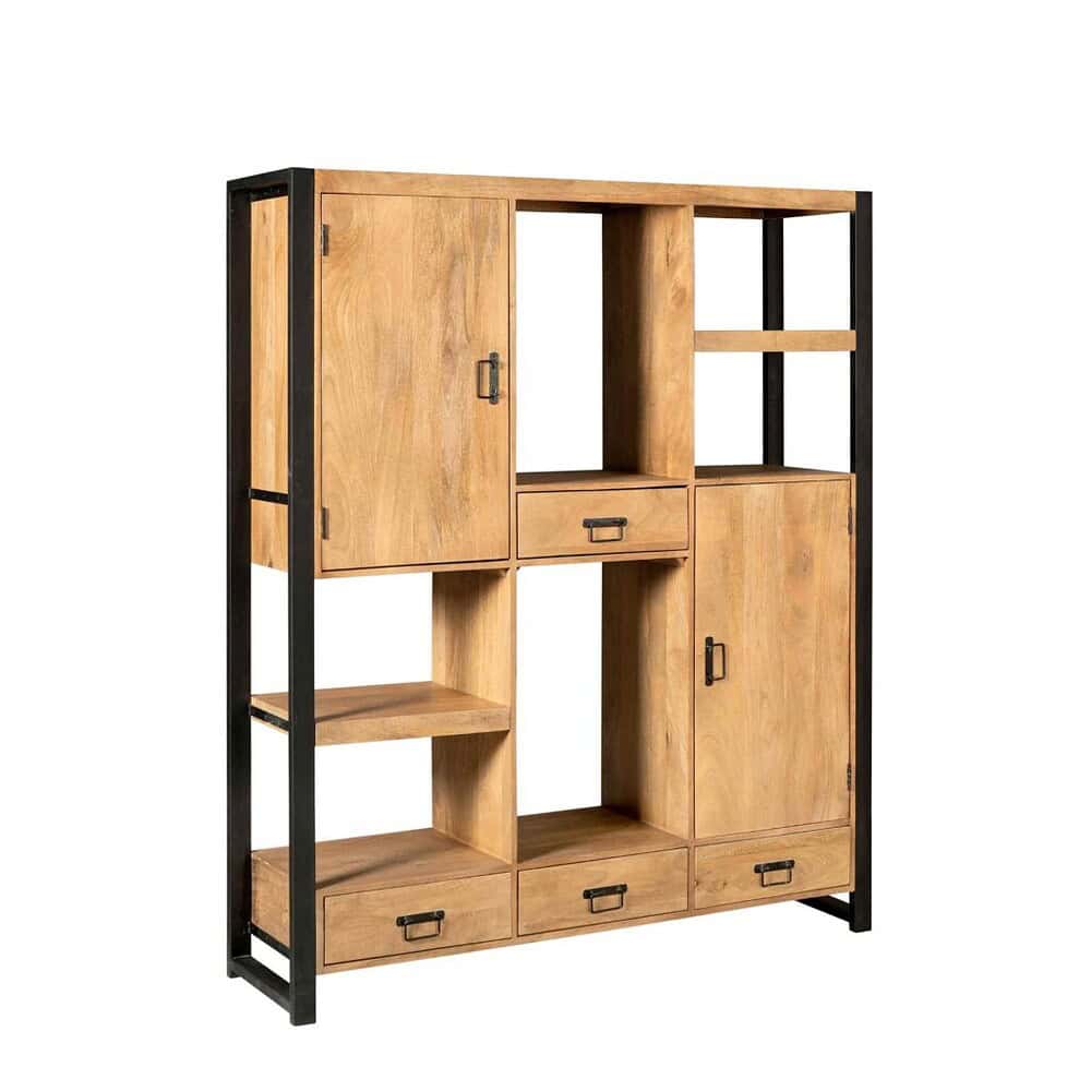 Kastenwand van mangohout met industrieel zwart metalen frame, stijlvolle opbergmeubelen voor woonkamer of kantoor, modern industrieel design | Mokana Meubelen.