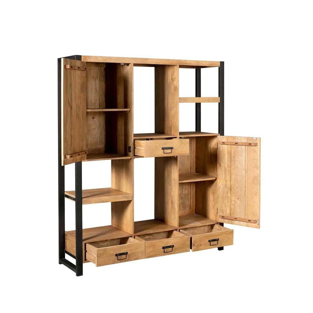 Hoogwaardige houten opbergkast met industrieel zwart frame, multifunctioneel design, ideale opbergruimte voor woonkamer of kantoor, massief hout en modern stijl, Mokana Meubelen.