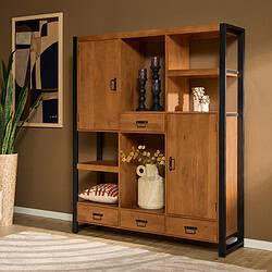 Elegante houten en metaal industriële boekenkast en opbergkast met meerdere vakken en lades voor stijlvolle woondecoratie.