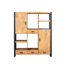 Elegante houten boekenplank en opbergkast van Mokana Meubelen, industrieel ontwerp met natuurlijke afwerking en zwart metalen frame, ideaal voor woonkamer of kantoor.