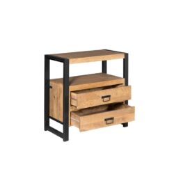 Robuuste houten bijzettafel met metalen frame, ideaal voor industrieel interieur, voorzien van twee ruime laden voor extra opbergruimte, stijlvolle en functionele meubelstuk.