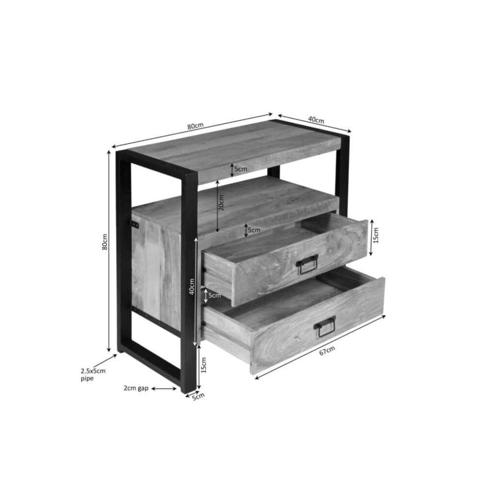 Meubelhouten sidetable met open vakken en laden, modern decor, industrieel design, op maat gemaakte houten meubels, hoogwaardige afwerking voor woonkamer of hal.