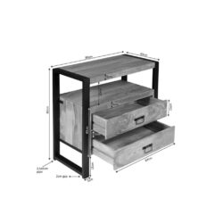 Meubelhouten sidetable met open vakken en laden, modern decor, industrieel design, op maat gemaakte houten meubels, hoogwaardige afwerking voor woonkamer of hal.