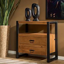 Metalen en hout landelijk dressoir met drie lades in een interieur met groene plant en muur decoratief behang.