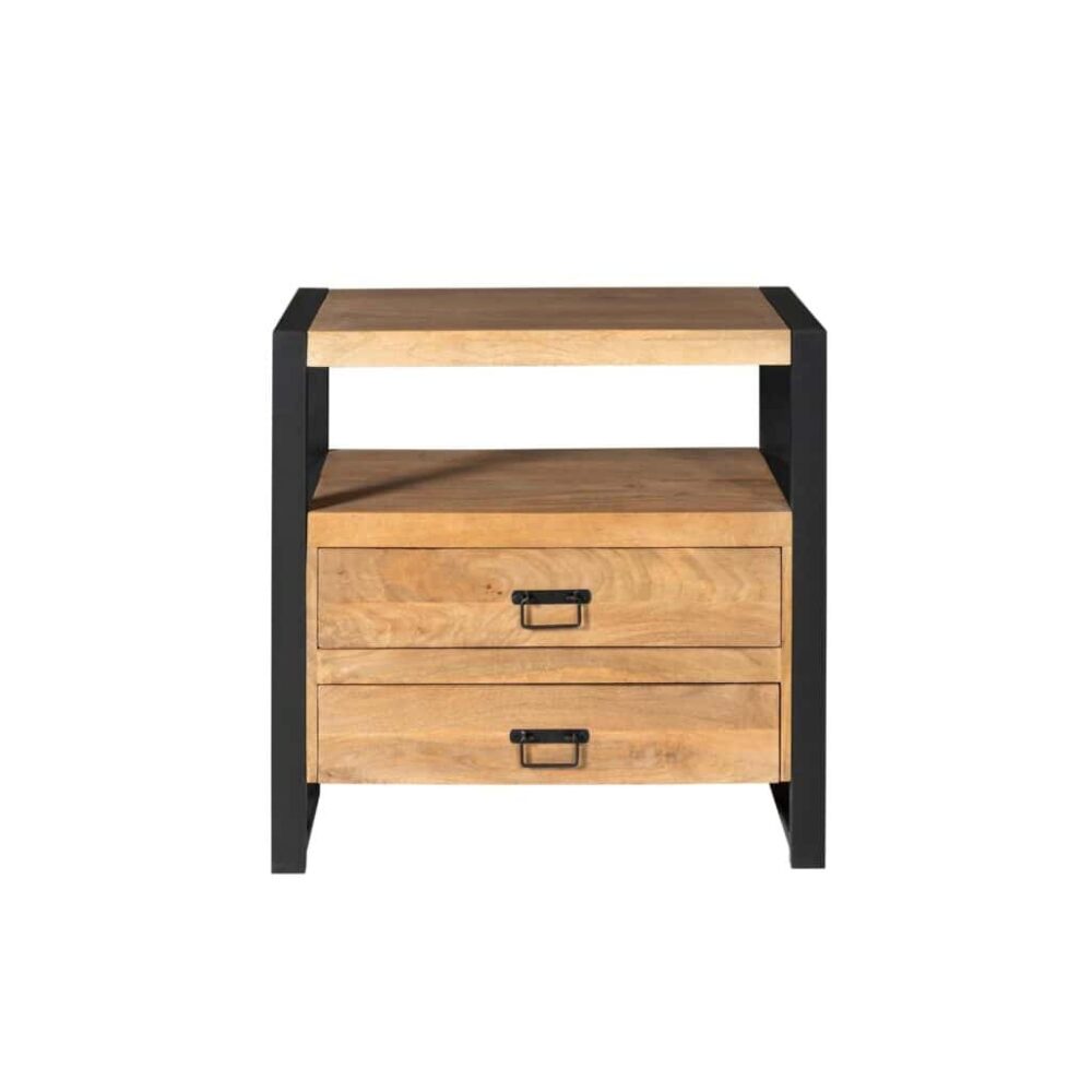 Rustieke houten nachtkastje met zwart metalen frame, twee lades en extra plank bovenop, perfect voor industrieel wooninterieur.
