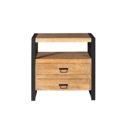 Rustieke houten nachtkastje met zwart metalen frame, twee lades en extra plank bovenop, perfect voor industrieel wooninterieur.