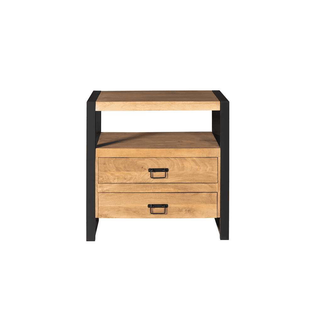 Robuuste houten nachtkastje met zwart metalen frame, twee ruime lades en een bovenplank, perfect voor een industriële slaapkamer of woonkamer.