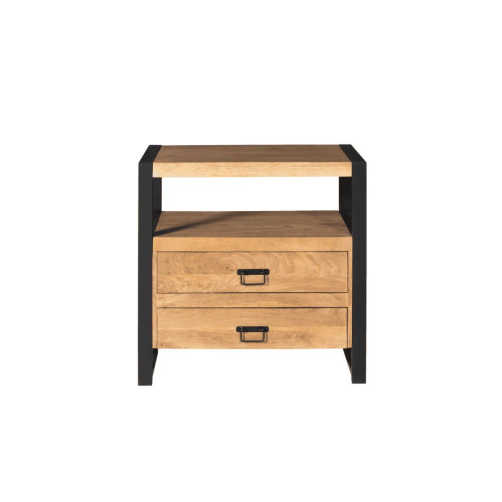 Steigerhouten nachtkastje met zwart metalen frame, industrieel design, multifunctioneel meubel voor slaapkamer of woonkamer.