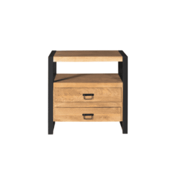 Steigerhouten nachtkastje met zwart metalen frame, industrieel design, multifunctioneel meubel voor slaapkamer of woonkamer.